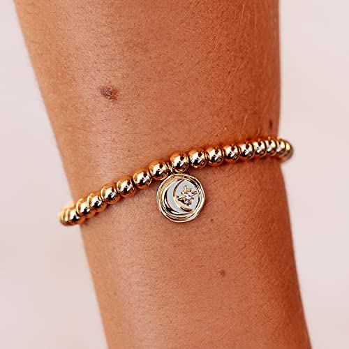 Pura Vida Bracelet Gold Moon Metal Charm Bracelet - Beaded Bracelet with Stretchable Cord, String Bracelet for Women - Stackable Bracelets for Teen Girls, Handmade Bracelets for Teens - One Size