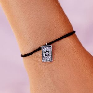 Pura Vida Bracelet Silver Sun Tarot Charm Bracelet - Adjustable Bracelet with Waterproof Band, String Bracelet for Women - Stackable Bracelets for Teen Girls, Handmade Bracelets for Teens - Black