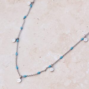 Pura Vida 14" Silver Mini Coin Beaded Choker Necklace - Statement Necklace with Turquoise Enamel Beads - Silver Necklace for Women, Necklaces for Teen Girls, Boho Jewelry for Women - 3" Extender