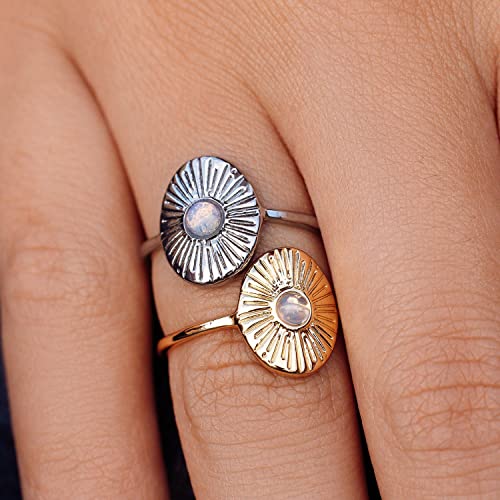 Pura Vida Ring Gold Plated Sun Ray Ring - Handmade Ring with Glass Opal Stone, Brass Base with Gold Plating - Gold Rings for Women, Cute Rings for Teen Girls, Boho Jewelry for Women - Size 7