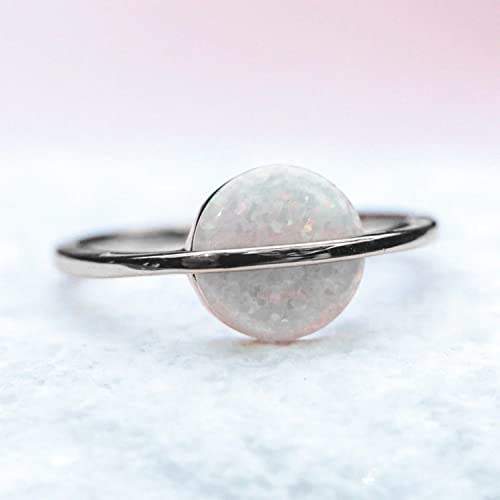 Pura Vida Ring Silver White Opal Saturn Ring - Handmade Ring with Synthetic Opal, Brass Base with Rhodium Plating - Silver Rings for Women, Cute Rings for Teen Girls, Boho Jewelry for Women - Size 9