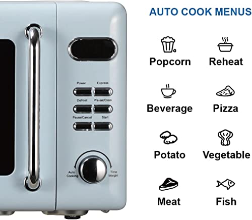 Emerson .7 Cu Ft Retro Digital Microwave Oven, 700W with 5 Micro Power Levels, 8 Pre-Programmed Settings, Express & Defrost, Chrome Handle & Control Buttons, Timer & LED Display, Retro Blue