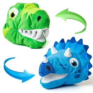 reversible plushie dinosaur toy - fluffy blue triceratops flips to a plush green t-rex stuffie - soft, dino stuffies for boys or girls (6 inches)