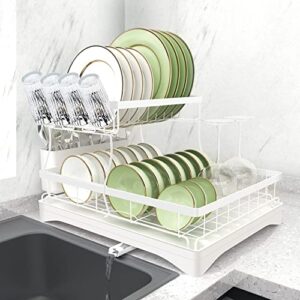 dish drying rack for kitchen counter, 2-tier dish racks with drainboard, large capacity dish drainer organizer shelf with utensil holder, wine glass holder（white）