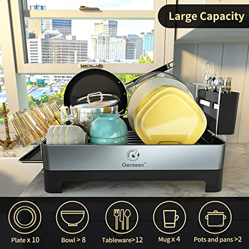 Genteen Large Dish Drying Rack, Dish Rack for Kitchen Counter, Stainless Steel Dish Drainers with Drainboard, Rotatable Spout and Utensil Holder - Black