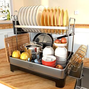 genteen dish drying rack, 2 tier large rack with drainboard 304 stainless steel for kitchen counter swivel spout, utensil holder, cup