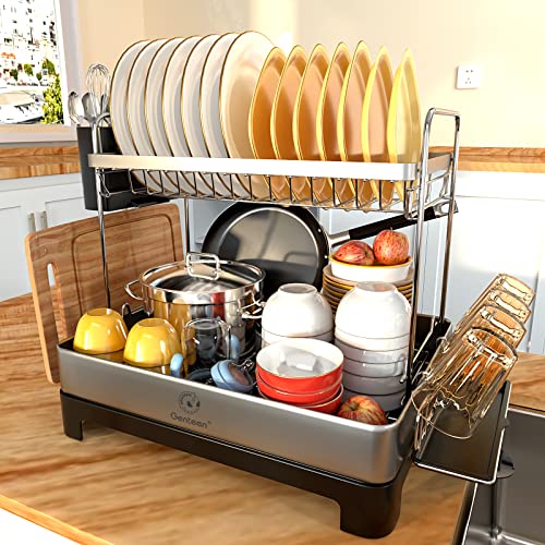 Genteen Dish Drying Rack, 2 Tier Large Rack with Drainboard 304 Stainless Steel for Kitchen Counter Swivel Spout, Utensil Holder, Cup