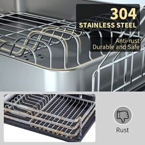 Genteen Dish Drying Rack, 2 Tier Large Rack with Drainboard 304 Stainless Steel for Kitchen Counter Swivel Spout, Utensil Holder, Cup