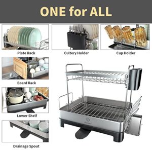 Genteen Dish Drying Rack, 2 Tier Large Rack with Drainboard 304 Stainless Steel for Kitchen Counter Swivel Spout, Utensil Holder, Cup