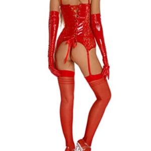 Jhaoyu Womens Latex Garter Bustier Tops with G-String Thong Set Wetlook PU Leather Catsuit Sexy Lingeries Red 3X-Large