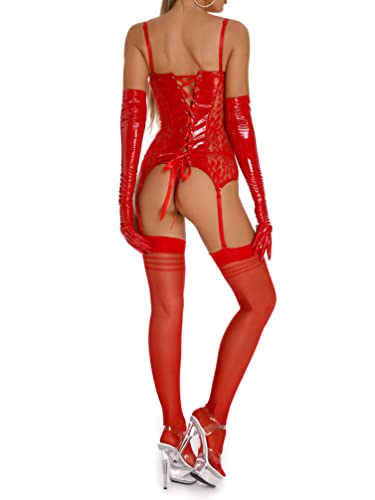 Jhaoyu Womens Latex Garter Bustier Tops with G-String Thong Set Wetlook PU Leather Catsuit Sexy Lingeries Red 3X-Large