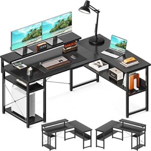 odk l shaped computer desk, 54" reversible corner computer desk with storage shelves & monitor stand, home office desk, gaming desk, writing desk, black
