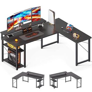 odk l shaped gaming desk, 53'' corner computer desk with monitor stand & storage shelf, sturdy home office work writing table, black