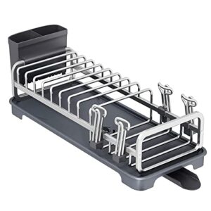 small dish drying rack, aluminum dish rack with utensil holder, anti-rust dish racks for kitchen counter multifunctional dish drainer with drainboard, drying rack for dishes, knives, spoons, and forks