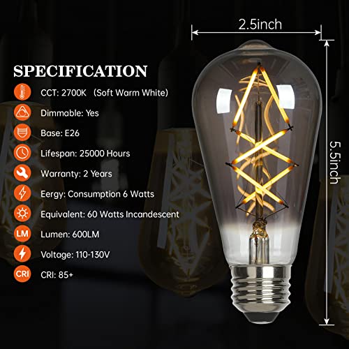 Dimmable LED Edison Light Bulbs, Smoky Grey Vintage Lightbulbs 60 Watt Equivalent 2700K Soft Warm White, ST64 600LM Vanity Light Bulbs With E26 Base for Bathroom, Bedroom, Living Room and Kitchen