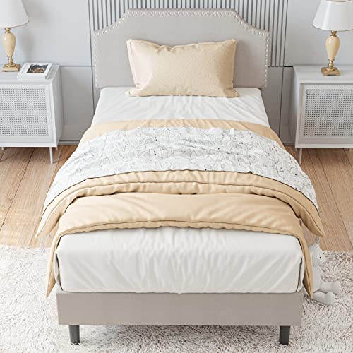 LIKIMIO Twin Bed Frames, Upholstered Platform Bed Frame with Height Adjustable Headboard with Nailhead Trim, No Box Spring Needed/Wood Slat Support/Noise-Free, Beige