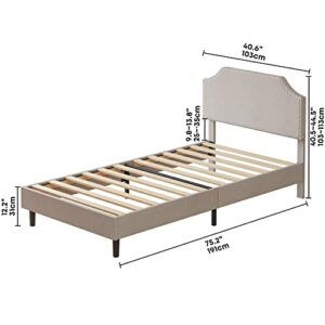LIKIMIO Twin Bed Frames, Upholstered Platform Bed Frame with Height Adjustable Headboard with Nailhead Trim, No Box Spring Needed/Wood Slat Support/Noise-Free, Beige