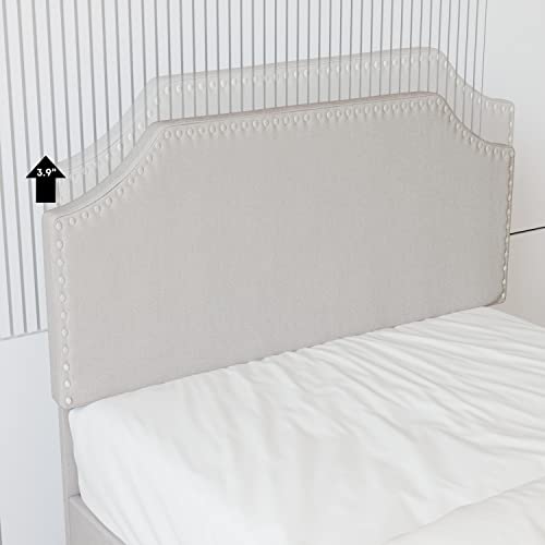 LIKIMIO Twin Bed Frames, Upholstered Platform Bed Frame with Height Adjustable Headboard with Nailhead Trim, No Box Spring Needed/Wood Slat Support/Noise-Free, Beige