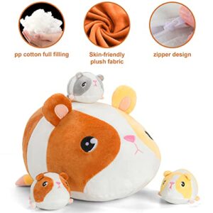 14inch Guinea Pig Stuffed Animals, Mama Hamster Plushie Pillow with 3 Cute Babies Guinea Pig Mouse Plush Toys, Birthday Christmas Surprise Gifts for Kids Girls Boys