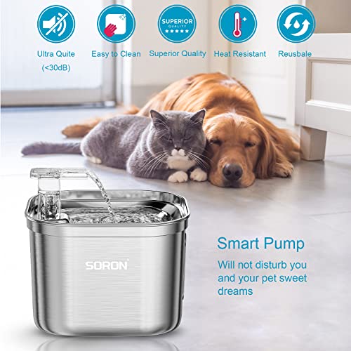 SORON Cat Water Fountain Stainless Steel, 74oz/2.2L Automatic Pet Cats Water Bowl Dispenser Inside, Ultra Quiet Dog Water Dish with Water Level Window, 3 Replacement Filters Kit and 1 Silicone Mat