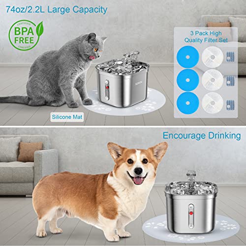 SORON Cat Water Fountain Stainless Steel, 74oz/2.2L Automatic Pet Cats Water Bowl Dispenser Inside, Ultra Quiet Dog Water Dish with Water Level Window, 3 Replacement Filters Kit and 1 Silicone Mat