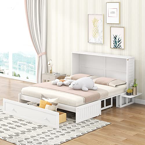 KLMM Modern Style Queen Size Mobile Murphy Cube Cabinet Bed with Drawer, Traditional Solid Wood Murphy Bed Chest with Side Little Shelves, Murphy Bed for Guest Room Home Office