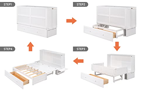 KLMM Modern Style Queen Size Mobile Murphy Cube Cabinet Bed with Drawer, Traditional Solid Wood Murphy Bed Chest with Side Little Shelves, Murphy Bed for Guest Room Home Office