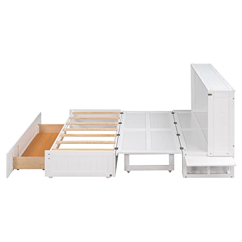 KLMM Modern Style Queen Size Mobile Murphy Cube Cabinet Bed with Drawer, Traditional Solid Wood Murphy Bed Chest with Side Little Shelves, Murphy Bed for Guest Room Home Office