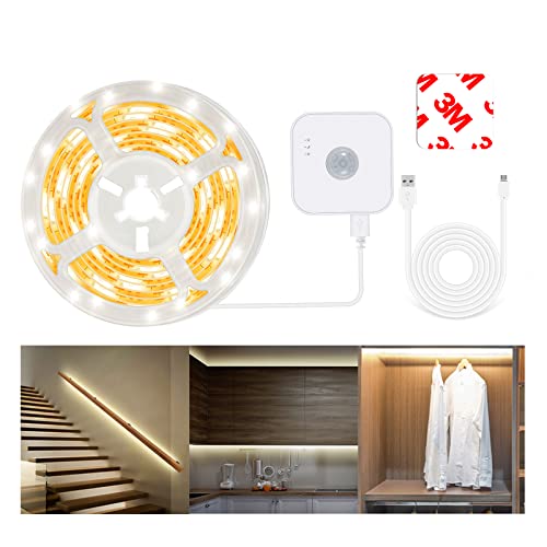 Motion Sensor LED Light Strip with Dual Power Supply and Auto Shut-Off Timer, Night Light, Motion Activated Waterproof LED Strip Light for Kitchen, Cabinet, Bedroom, Shelf, Bed Warm White 3000K