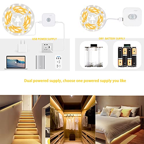 Motion Sensor LED Light Strip with Dual Power Supply and Auto Shut-Off Timer, Night Light, Motion Activated Waterproof LED Strip Light for Kitchen, Cabinet, Bedroom, Shelf, Bed Warm White 3000K