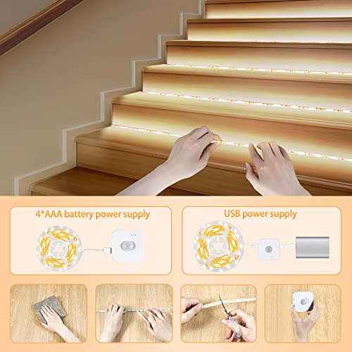 Motion Sensor LED Light Strip with Dual Power Supply and Auto Shut-Off Timer, Night Light, Motion Activated Waterproof LED Strip Light for Kitchen, Cabinet, Bedroom, Shelf, Bed Warm White 3000K