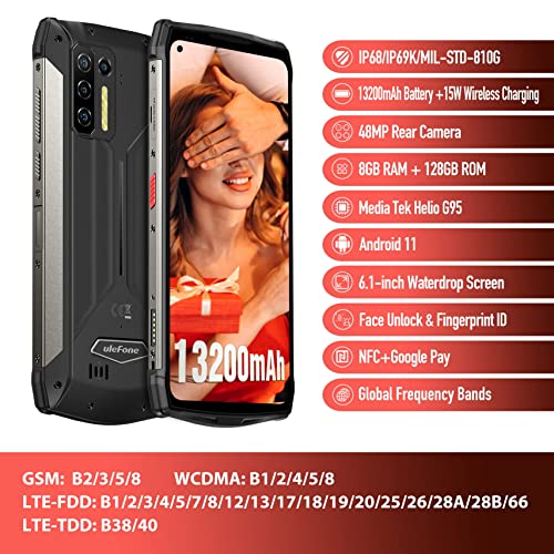 Ulefone Power Armor 13 Rugged Smartphone, IP68 Waterproof Phone, 13200mAh Battery, 15W Wireless Charge, 48MP Four Rear Camera, 6.81" FHD+, Helio G95 Octa-core Android 12, 8GB + 128GB, Dual 4G Unlocked
