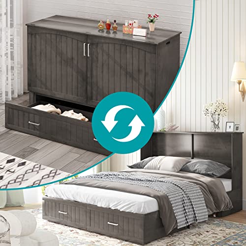 BALUS Murphy Bed Cabinet with Mattress,Modern Muti-Functional Cube Cabinet Bed with USB Charging Station&2 Large Drawers&3 Level Folding Foam Mattress for Living Room/Apartment/Loft,Queen (Stone Grey)