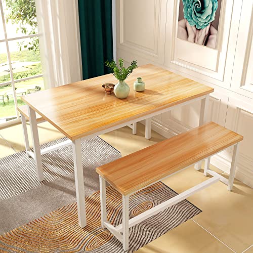 AWQM Dining Table Set for 4, Kitchen Table Set with 2 Benches, 47.2Inch 3-Piece Dining Room Table Set with Metal Frame and MDF Board, Sturdy Structure, Space-Saving, Oak