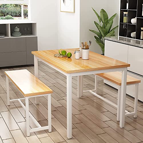 AWQM Dining Table Set for 4, Kitchen Table Set with 2 Benches, 47.2Inch 3-Piece Dining Room Table Set with Metal Frame and MDF Board, Sturdy Structure, Space-Saving, Oak