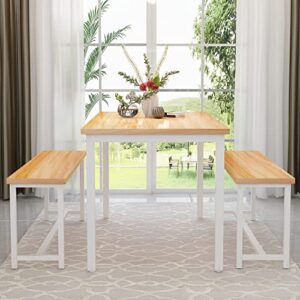 AWQM Dining Table Set for 4, Kitchen Table Set with 2 Benches, 47.2Inch 3-Piece Dining Room Table Set with Metal Frame and MDF Board, Sturdy Structure, Space-Saving, Oak