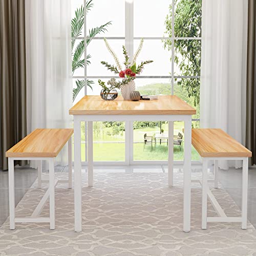 AWQM Dining Table Set for 4, Kitchen Table Set with 2 Benches, 47.2Inch 3-Piece Dining Room Table Set with Metal Frame and MDF Board, Sturdy Structure, Space-Saving, Oak