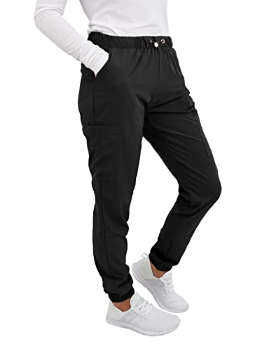 Green Town Women's Medical Nursing Jogger Slim Fit Scrub Pant GT Performance-Black-Small Petite