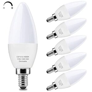 e12 led candelabra light bulbs dimmable, 60 watt equivalent, ceiling fan light bulbs daylight white 5000k, 550lumens for home lighting decorations, 6 pack