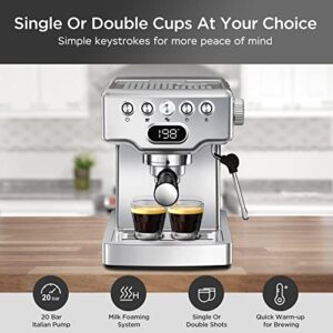 Geek Chef Espresso Machine, 20 Bar Coffee Machine, Fast Heating Automatic, Latte & Cappuccino Maker with Milk Frother Steam Wand, 1.8L Water Tank, Temperature Display, Stainless Steel