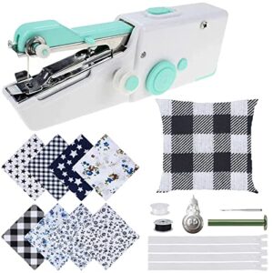 handheld sewing machine kit for beginner, include 8 pcs 20''x20''/50x50cm cotton fabric sheets for cushion pillow, portable, easy to use with instruction, family necessities