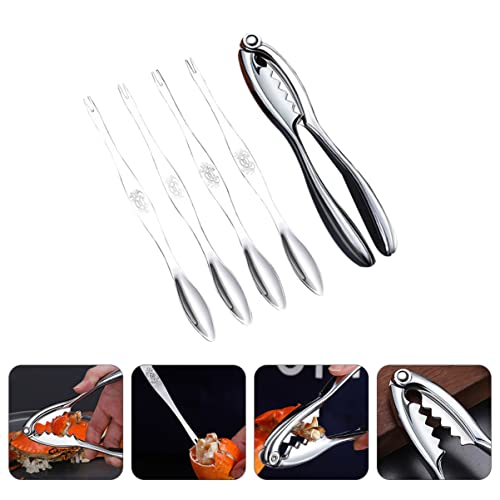 BESTonZON 1 set 5 pcs Crackers Picks Lobster Opener Nut Stainless for Forks Hard Silver Kit Crayfish Eating Shrimp Shell Peel Clamps Tools Seafood Accessories Nutcrackers Claw of and Crab,