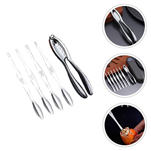 BESTonZON 1 set 5 pcs Crackers Picks Lobster Opener Nut Stainless for Forks Hard Silver Kit Crayfish Eating Shrimp Shell Peel Clamps Tools Seafood Accessories Nutcrackers Claw of and Crab,