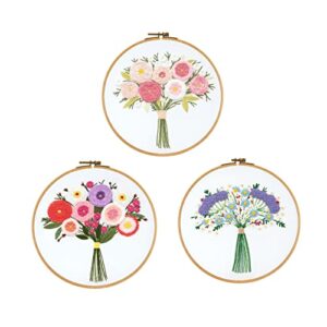 scholmart embroidery starter flower, kit with pattern and instructions, cross stitch set, stamped embroidery kits 3 embroidery clothes with pattern, 1 embroidery hoops (3 sets)