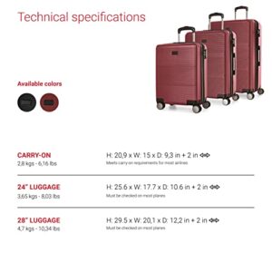 BUGATTI Brussels Collection 3 Piece Hard Shell Luggage Set, Expandable Suitcases with 360-Degree Spinner Wheels, Retractable Handle, 20 Inch Carry On, 24 Inch Mid-size, 28 Inch Large Bags, Deep Red