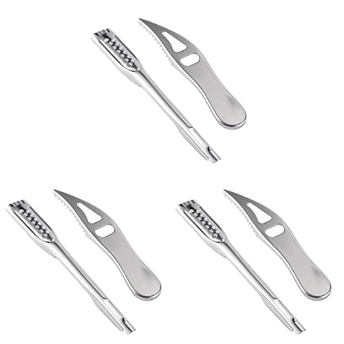 BESTonZON 3 Sets Scaler Skin Manual Scale Cleaner Peeler Flat Bottle Scraper Prong+Flat Knives Opener Tool Kitchen Seafood Faster Removing Prong Steel Fishs Remover Fish Accessories Easier