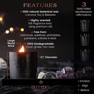 Deep Eden Scented Candle, Wood Wick, 7.4 Oz, Black - Luxurious, Powerful Manifestation Candle - Hand Poured Crystal Candle with Natural Soy, Coconut and Beeswax - Essential Oils and Exotic Fragrance