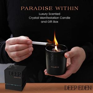 Deep Eden Scented Candle, Wood Wick, 7.4 Oz, Black - Luxurious, Powerful Manifestation Candle - Hand Poured Crystal Candle with Natural Soy, Coconut and Beeswax - Essential Oils and Exotic Fragrance