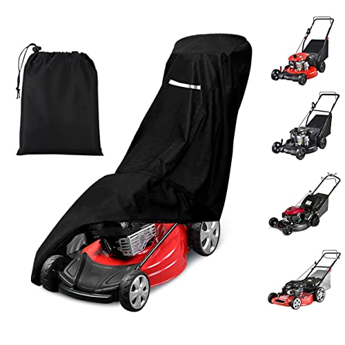 Outdoors Lawn Mower Cover, Heavy Duty 420D Lawn Mower Covers Polyester Oxford Outdoor Waterproof Universal UV Dust Protection Universal Fit Push Mower with Drawstring & Cover Storage Bag (Black)