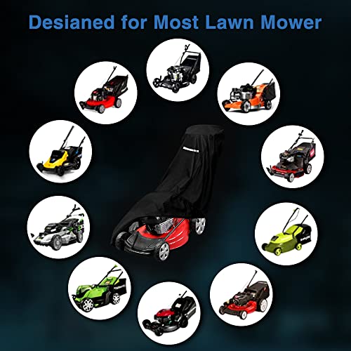 Outdoors Lawn Mower Cover, Heavy Duty 420D Lawn Mower Covers Polyester Oxford Outdoor Waterproof Universal UV Dust Protection Universal Fit Push Mower with Drawstring & Cover Storage Bag (Black)